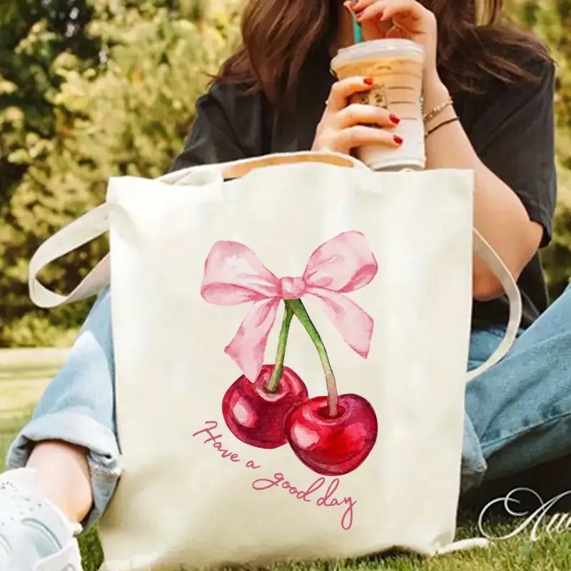 Shopper Tote Canvas - Canvas-Tragetasche mit Kirschschschleifen-Design, lässige Mode-Handtasche für