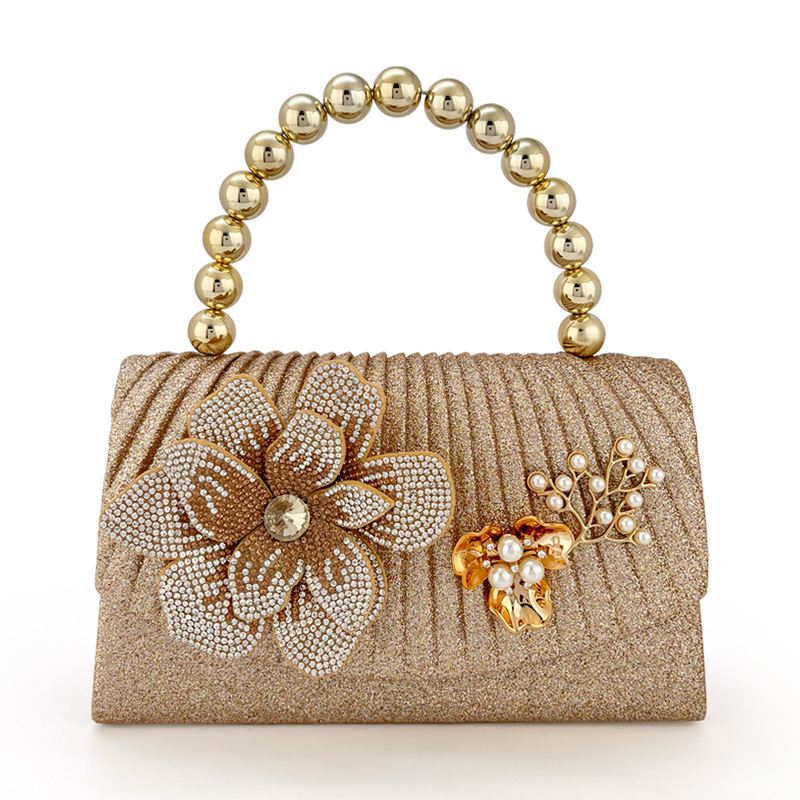 Women Bags Golden - Goldene, funkelnde Diamant-Blumen-Abendtasche, Handtasche mit Metallperlen,