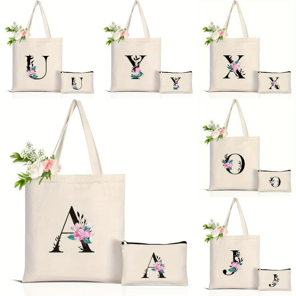 Shopper Tote Canvas - Elegante Blumen-Alphabet-Einkaufstasche, wiederverwendbar, umweltfreundlich, Einkaufstasche für